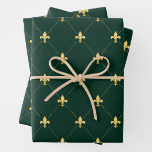 Hoja De Papel De Regalo Fleur-de-Lis de oro en verde oscuro