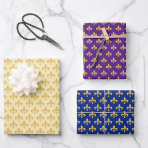 Hoja De Papel De Regalo Fleur de Lis dorada sobre azul, dorado y púrpura