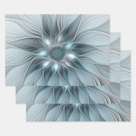 Hoja De Papel De Regalo Flor abstracta alegre azul gris fractal floral