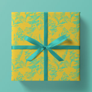 Hoja De Papel De Regalo Flor azul y amarilla brillante de neón