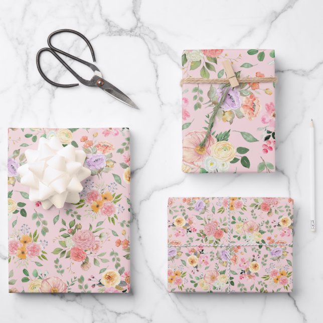 Hoja De Papel De Regalo Flor de boho de verano en rosa bebé (Anverso)