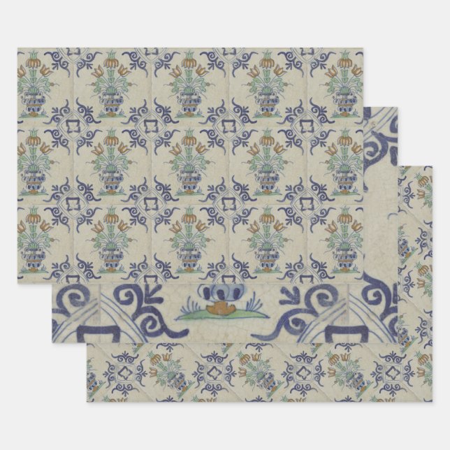 Hoja De Papel De Regalo Flor De Cerámica Delft Tile Antiguo (Set)