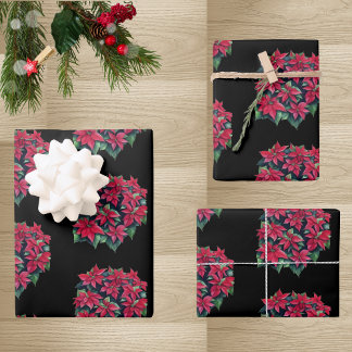 Hoja De Papel De Regalo Flor de Navidad Poinsettia Roja Sobre Fondo Negro