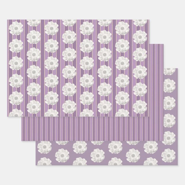 Hoja De Papel De Regalo Flor de Perlas Blancas de Rayas Moradas (Set)