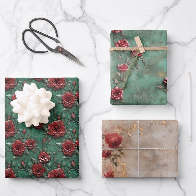 Hoja De Papel De Regalo Flor de rosas rojas verdes (Anverso)