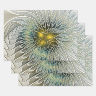 Hoja De Papel De Regalo Flor Fantasía de Plata Dorada Arte Fractal abstrac