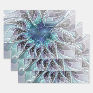 Hoja De Papel De Regalo Flor Fractal Moderna Con Azul