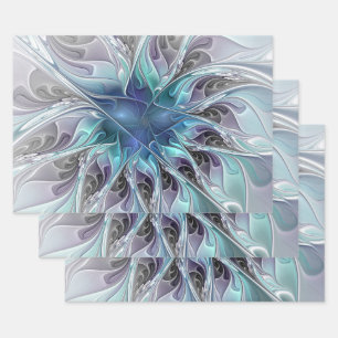 Hoja De Papel De Regalo Flor Fractal Moderna Con Azul
