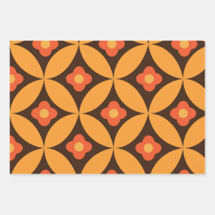 Hoja De Papel De Regalo Flor retro en círculos de mediados de siglo naranj