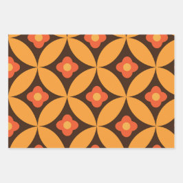 Hoja De Papel De Regalo Flor retro en Naranja de Círculos de Mediados del 