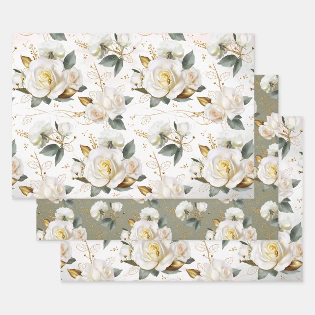 Hoja De Papel De Regalo Flor romántica de oro rosa blanco (Set)