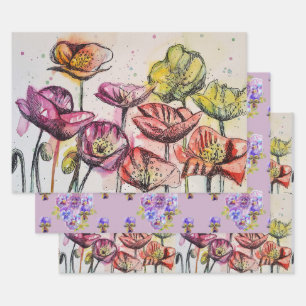 Hoja De Papel De Regalo Flor rosa roja Flor Flor Poppies Watercolor