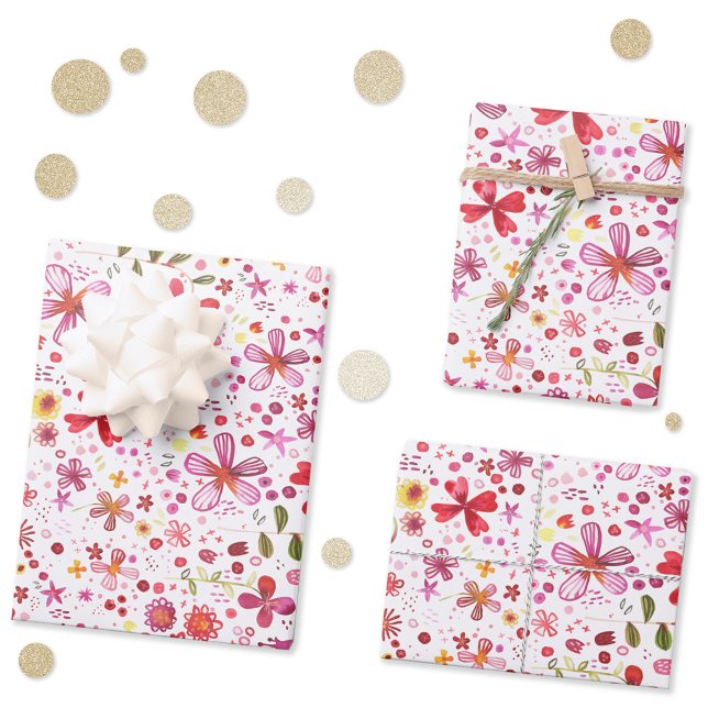 Hoja De Papel De Regalo Flor salvaje acuarela Floral rosa y blanco (Watercolor modern floral gift wrap paper sheets)