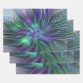 Hoja De Papel De Regalo Flor verde morada Moderna Resumen arte fractal