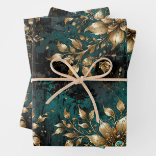 Hoja De Papel De Regalo Floraciones verde azuladas y de oro