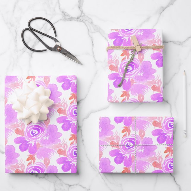Hoja De Papel De Regalo Floral acuarela, mano rosa morado pintada (Anverso)