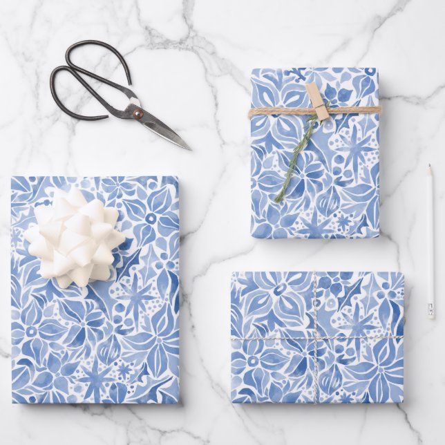 Hoja De Papel De Regalo Floral azul de vacaciones (Anverso)