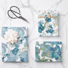 Hoja De Papel De Regalo Floral azul Fusión acuática pintada a mano