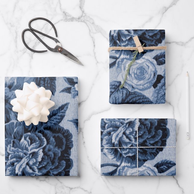 Hoja De Papel De Regalo Floral azul índigo (Anverso)