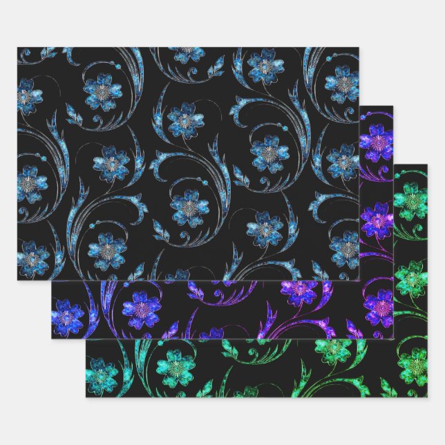 Hoja De Papel De Regalo Floral azul Shimmer 2 (Set)