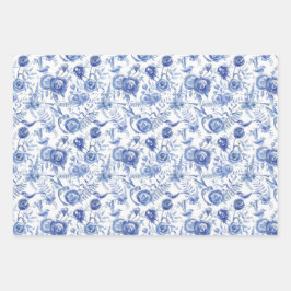 Hoja De Papel De Regalo Floral azul y blanca
