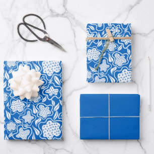 Hoja De Papel De Regalo Floral azul y blanca