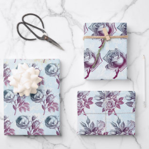 Hoja De Papel De Regalo Floral azul y púrpura