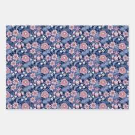 Hoja De Papel De Regalo Floral azul y rosa de inspiración victoriana