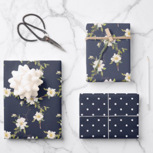 Hoja De Papel De Regalo Floral blanca azul marina
