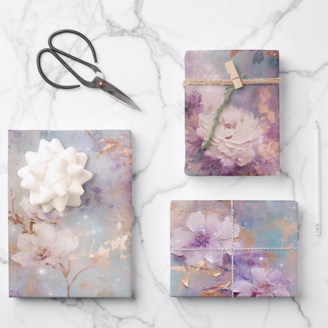 Hoja De Papel De Regalo Floral blanca morada (Anverso)