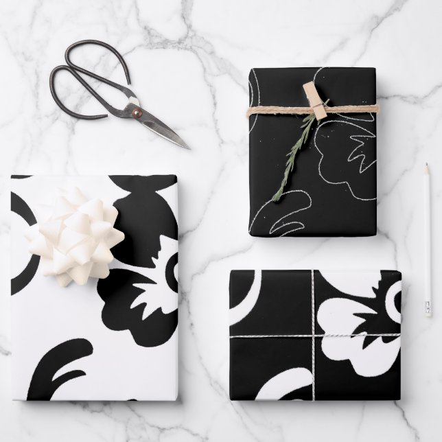 Hoja De Papel De Regalo Floral blanca y negra (Anverso)
