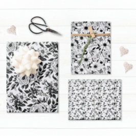 Hoja De Papel De Regalo Floral blanca y negra elegante