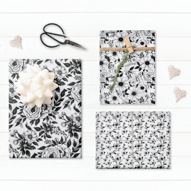 Hoja De Papel De Regalo Floral blanca y negra elegante (Elegant flowers decorate this pretty gift wrap sheet set.)