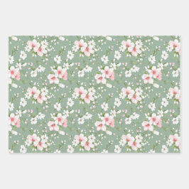 Hoja De Papel De Regalo Floral blanco rosa fondo verde Cottage Core 