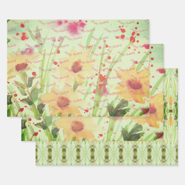 Hoja De Papel De Regalo Floral Con Verde Y Crema (Set)