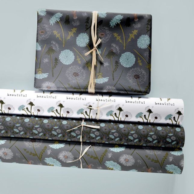 Hoja De Papel De Regalo Floral Dandelions Blue Decoupage Gift (Dandelions Blue Gray Floral Botanical Patterns Wrapping Paper Sheets from Studio Posies.)