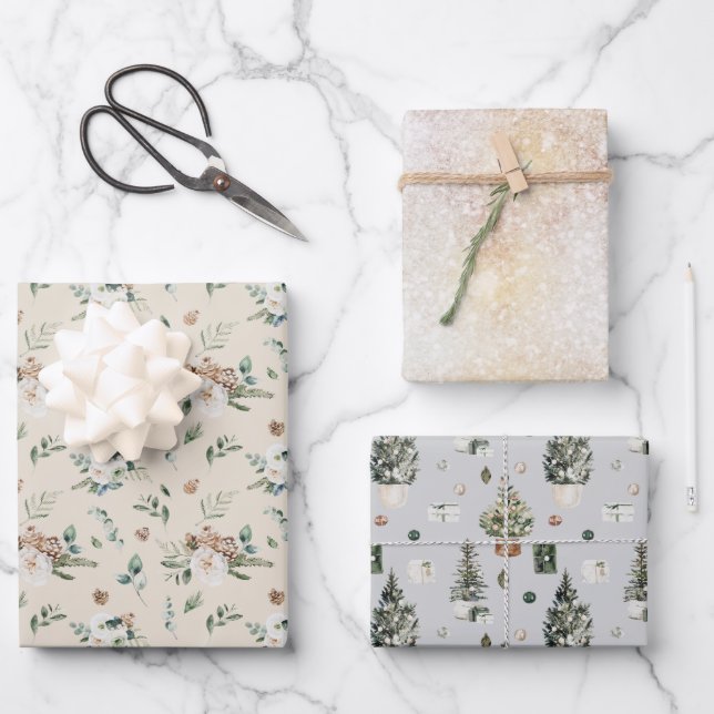 Hoja De Papel De Regalo Floral de árbol de navidad de acuarela rústica (Anverso)