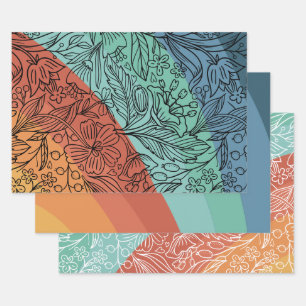 Hoja De Papel De Regalo Floral de arcoiris retro Groovy colorida