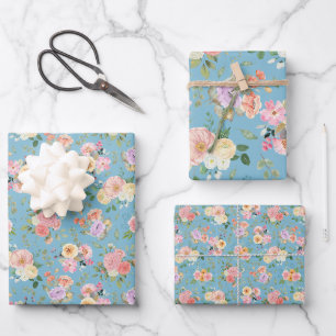 Hoja De Papel De Regalo Floral de boho de verano en azul