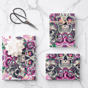 Hoja De Papel De Regalo Floral de calavera, acuarela de esqueleto rosa, Ha