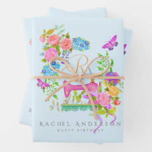 Hoja De Papel De Regalo Floral de cinta de coser monograma azul