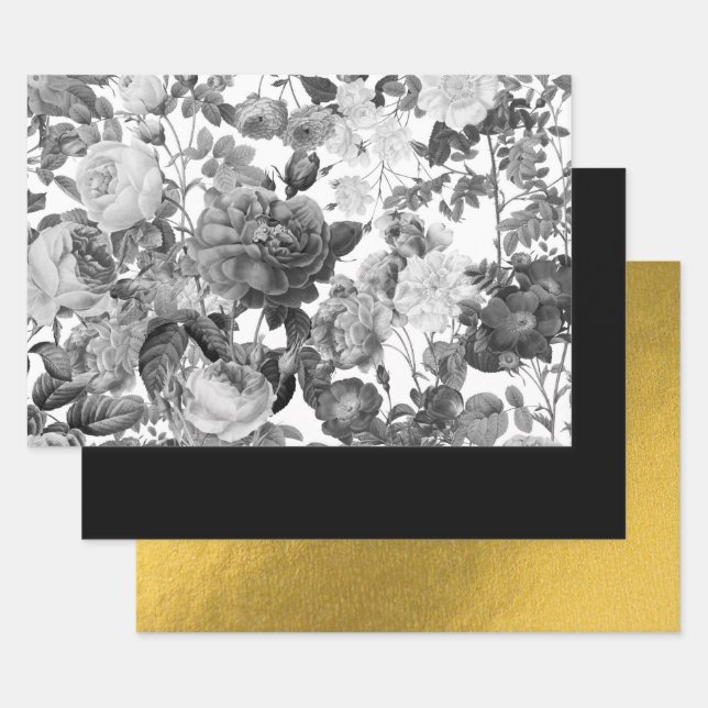 Hoja De Papel De Regalo Floral de cosecha negra, blanca y dorada (Set)