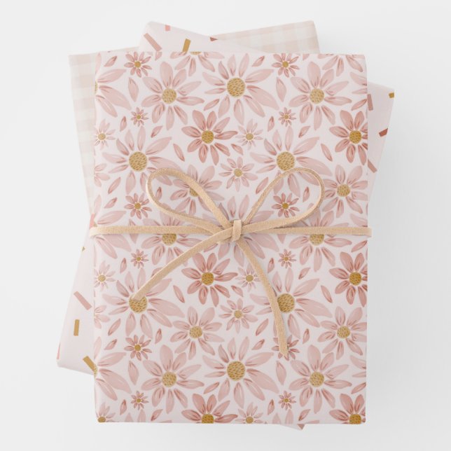 Hoja De Papel De Regalo Floral de Daisy Boho, Gingham y Confetti salvaje (In situ)
