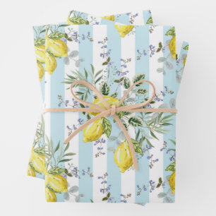 Hoja De Papel De Regalo Floral de Flor de Limón Italiano Franja Mediterrán