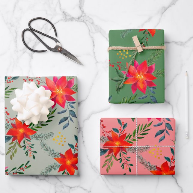 Hoja De Papel De Regalo Floral de Navidades de Poinsettia Roja (Anverso)