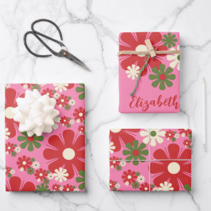 Hoja De Papel De Regalo Floral de Navidades rosa retro vintage personaliza