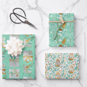 Hoja De Papel De Regalo Floral de oro de moda, presentes y holly