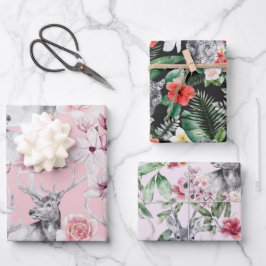 Hoja De Papel De Regalo Floral de peonías negras de leopardo de los ciervo