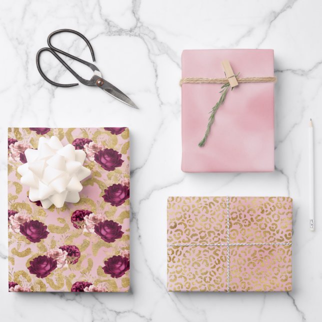 Hoja De Papel De Regalo Floral de rosas rosadas de Leopardo dorado (Anverso)