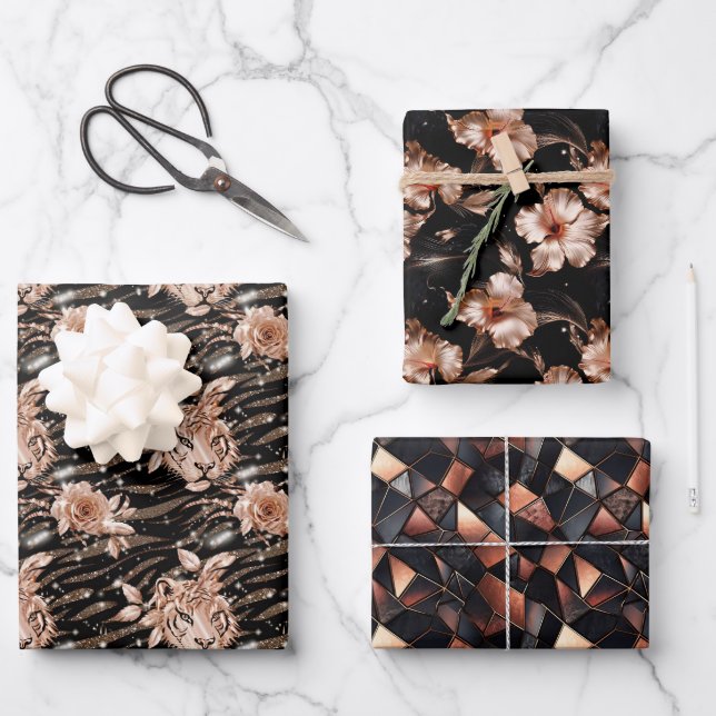 Hoja De Papel De Regalo Floral de tigre de oro Rosa negro (Anverso)